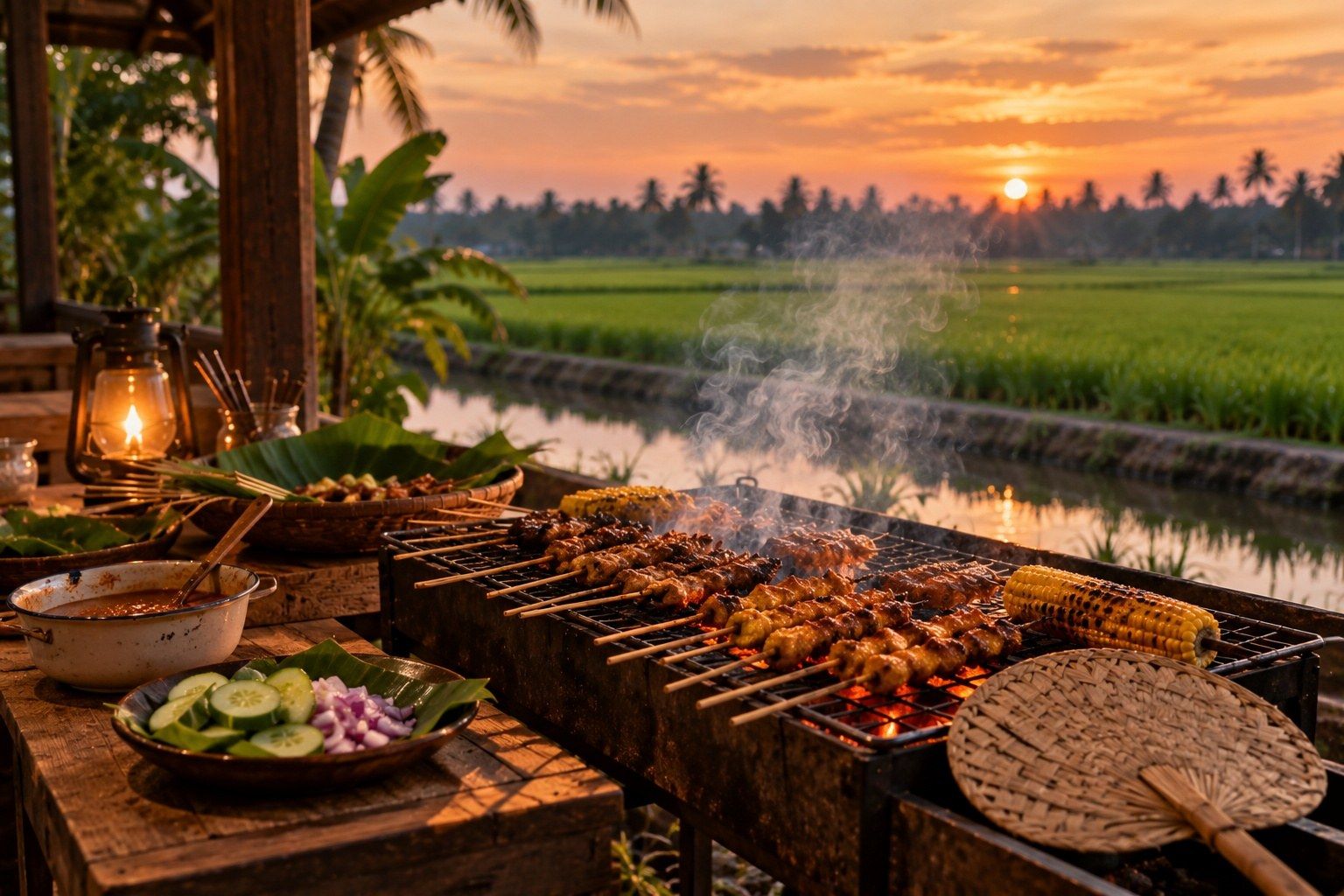 Satay dan jagung dibakar atas arang waktu senja