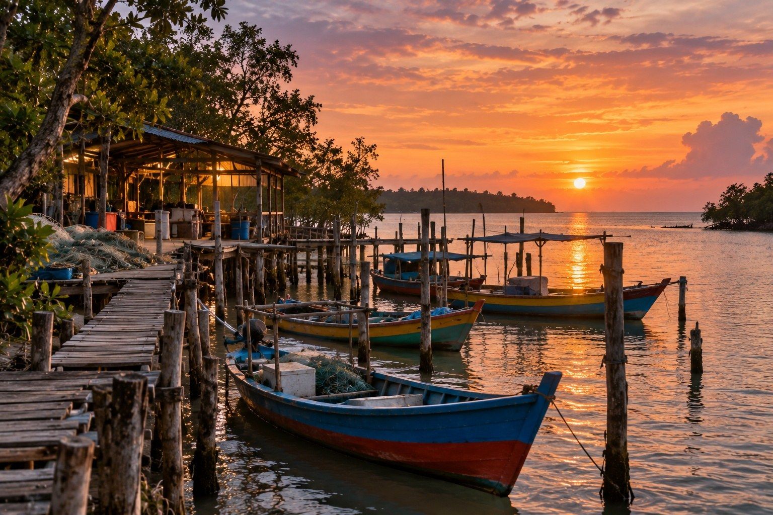 Bot nelayan kayu di jeti waktu matahari terbenam