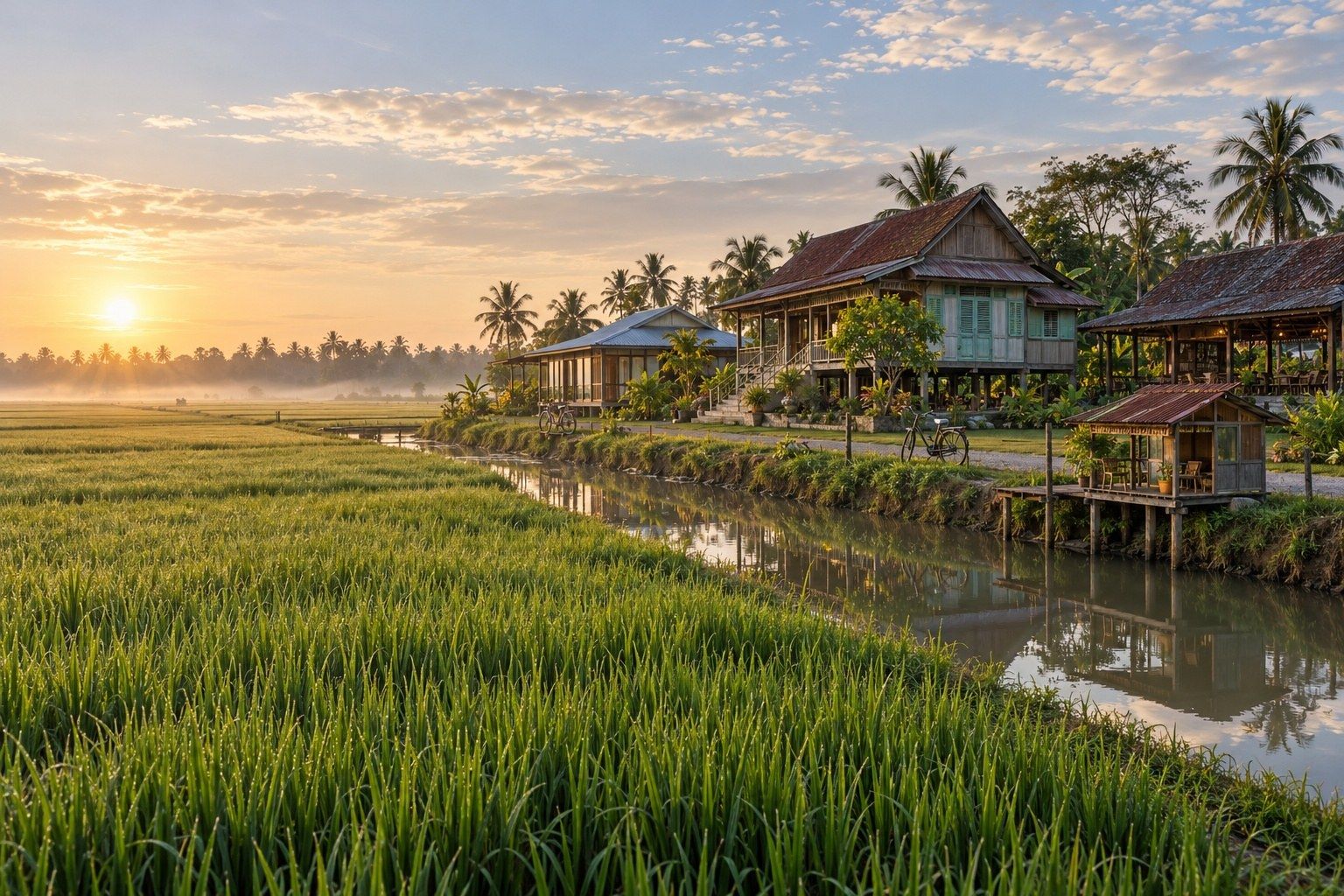 Empat rumah kayu Laman Batas di tepi sawah dan tali air pada waktu pagi berkabus